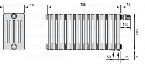 Схема (чертеж) Радиатор Zehnder Charleston 6060/16 №V002 Белый глянцевый RAL 9016